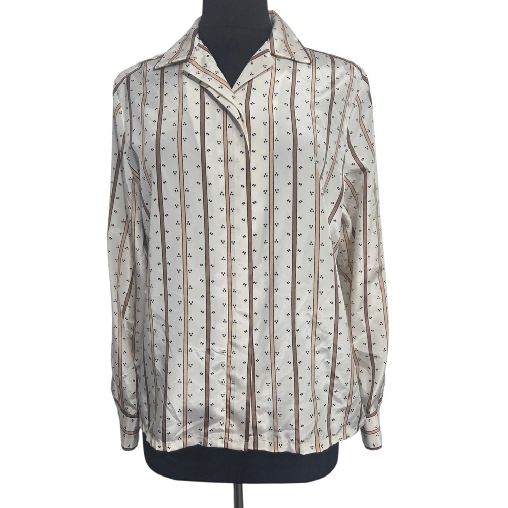 Vintage Bleyle Striped Blouse Brown Retro Geometric Button-Up Office Size 12